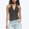 Top halter con cuello en V de tejido ripstop – Gris oscuro