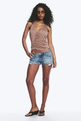 Top halter de jersey con fruncidos – Marrón lavado