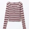 Top Henley corto de canalé – Rayas en rojo oscuro y rosa