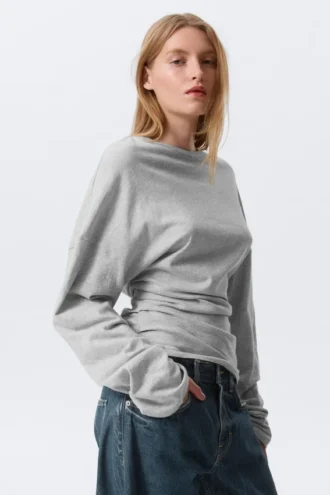 Top plisado de manga larga – Gris claro jaspeado