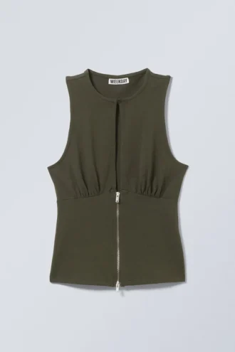 Top sin mangas ajustado con cremallera – Verde caqui