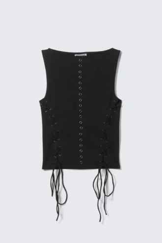 Top sin mangas con cordones y cuello barco con ojales – Negro