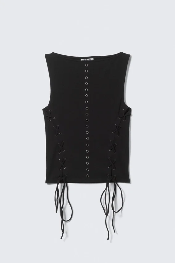 Top sin mangas con cordones y cuello barco con ojales – Negro Top sin mangas con cordones y cuello barco con ojales – Negro