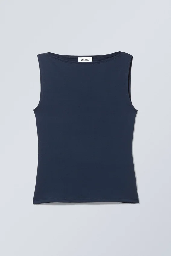 Top sin mangas con cuello barco Annie – Azul medianoche Top sin mangas con cuello barco Annie – Azul medianoche