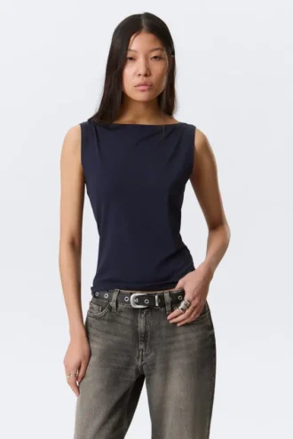 Top sin mangas con cuello barco Annie – Azul oscuro