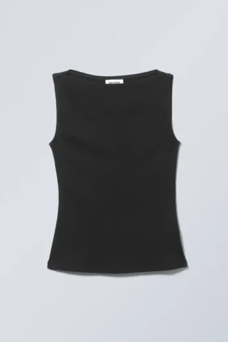 Top sin mangas con cuello barco y canalé – Negro