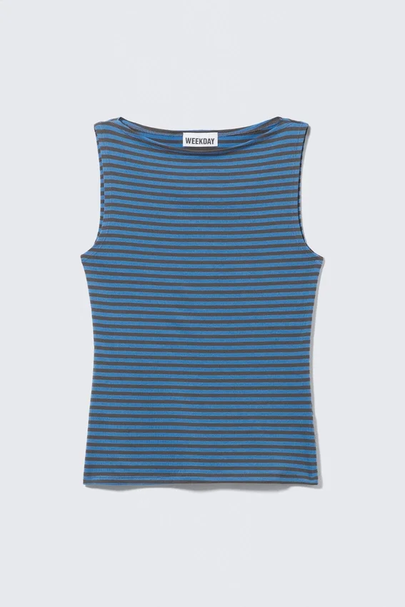 Top sin mangas con cuello barco y rayas Annie – Rayas azules y marrón oscuro Top sin mangas con cuello barco y rayas Annie – Rayas azules y marrón oscuro