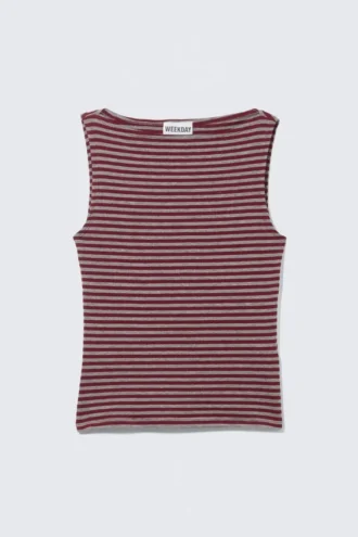 Top sin mangas con cuello barco y rayas Annie – Rayas rojo oscuro y gris