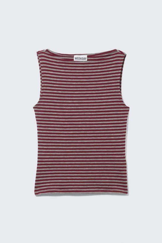 Top sin mangas con cuello barco y rayas Annie – Rayas rojo oscuro y gris Top sin mangas con cuello barco y rayas Annie – Rayas rojo oscuro y gris