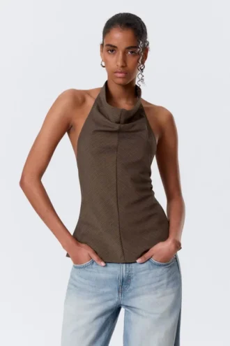 Top sin mangas con cuello drapeado tipo halter – Rayas marrones