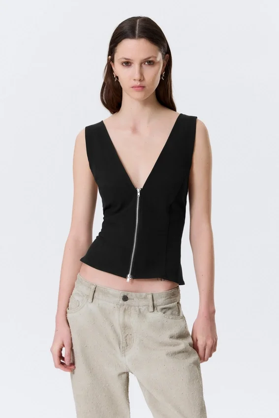 Top sin mangas con cuello en V y cremallera – Negro Top sin mangas con cuello en V y cremallera – Negro