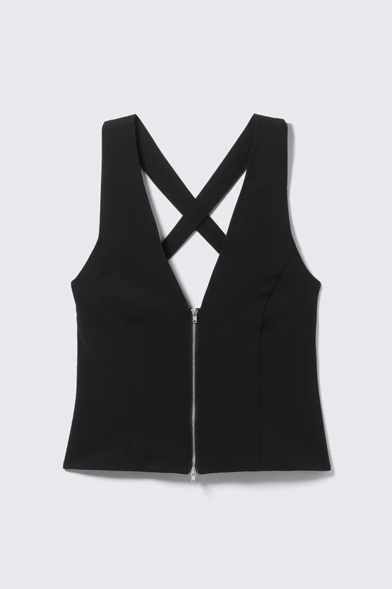 Top sin mangas con cuello en V y cremallera – Negro Top sin mangas con cuello en V y cremallera – Negro