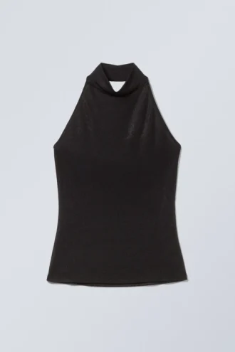 Top sin mangas con cuello halter brillante – Negro