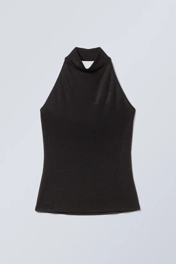 Top sin mangas con cuello halter brillante – Negro Top sin mangas con cuello halter brillante – Negro