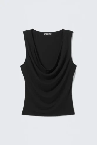 Top sin mangas con drapeado en cascada – Gris oscuro