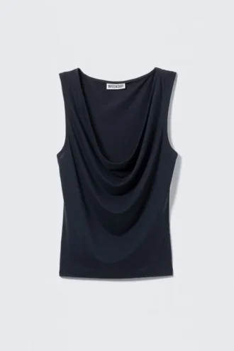 Top sin mangas con drapeado y cuello en cascada – Azul oscuro