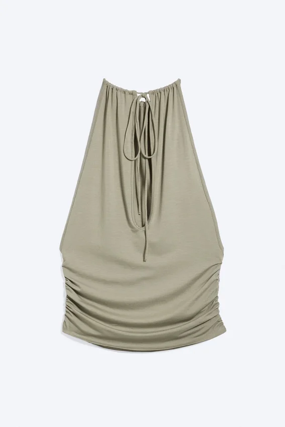 Top sin mangas con fruncido y cuello halter – Verde caqui apagado Top sin mangas con fruncido y cuello halter – Verde caqui apagado