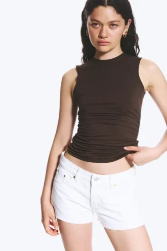Top sin mangas de jersey fruncido – Marrón oscuro