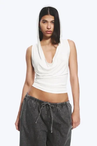 Top sin mangas de lyocell con capucha drapeada – Blanco