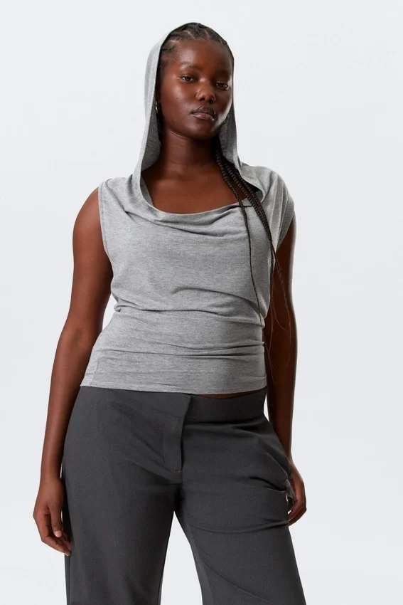 Top sin mangas de lyocell con capucha drapeada – Gris jaspeado Top sin mangas de lyocell con capucha drapeada – Gris jaspeado