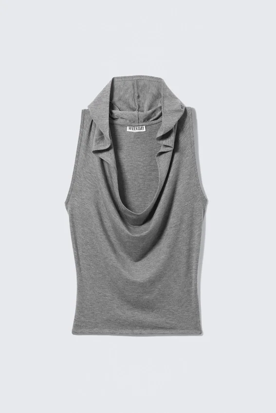 Top sin mangas de lyocell con capucha drapeada – Gris jaspeado Top sin mangas de lyocell con capucha drapeada – Gris jaspeado
