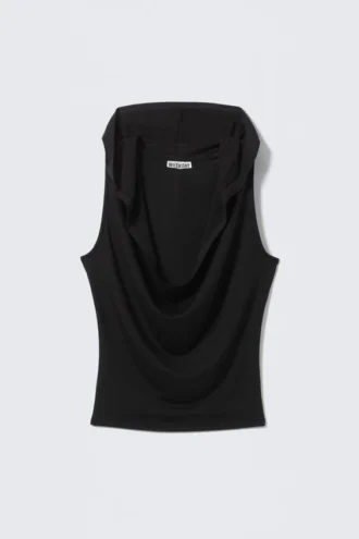 Top sin mangas de lyocell con capucha drapeada – Negro