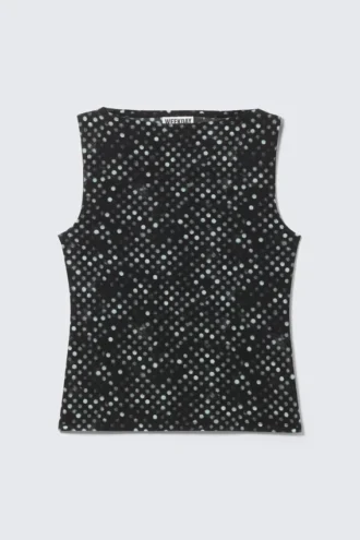 Top sin mangas de malla estampada – Estampado de lunares negros