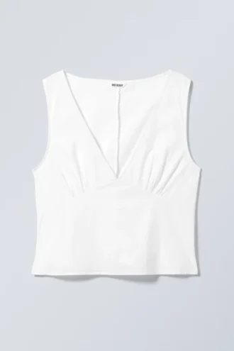 Top sin mangas de popelín de algodón con cuello en V – Blanco
