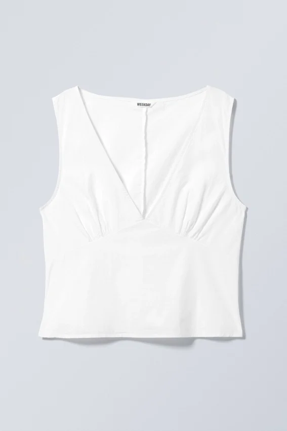 Top sin mangas de popelín de algodón con cuello en V – Blanco Top sin mangas de popelín de algodón con cuello en V – Blanco