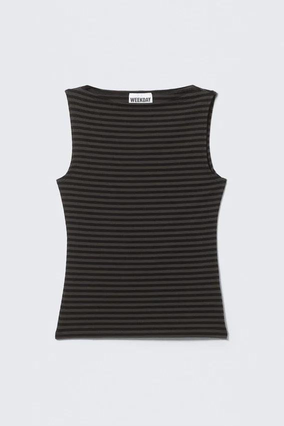 Top sin mangas de rayas con cuello barco Annie – Rayas negras y grises Top sin mangas de rayas con cuello barco Annie – Rayas negras y grises
