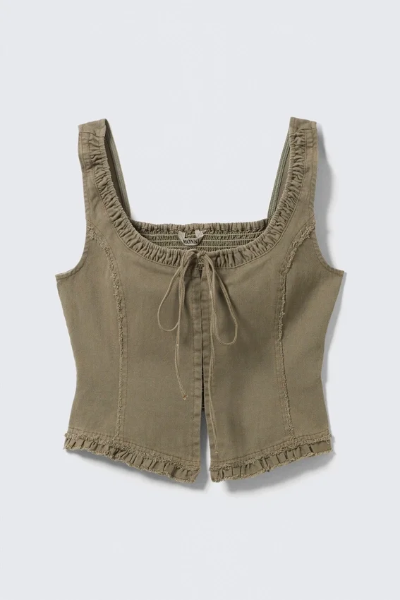 Top tipo corsé de sarga con volantes – Verde caqui Top tipo corsé de sarga con volantes – Verde caqui