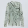 Top transparente de cuello alto y manga larga – Drapeado verde en trampantojo