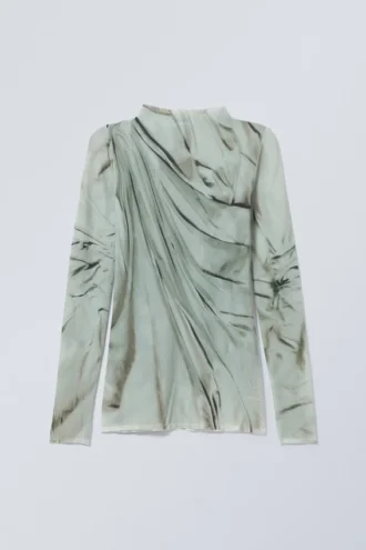 Top transparente de cuello alto y manga larga – Drapeado verde en trampantojo