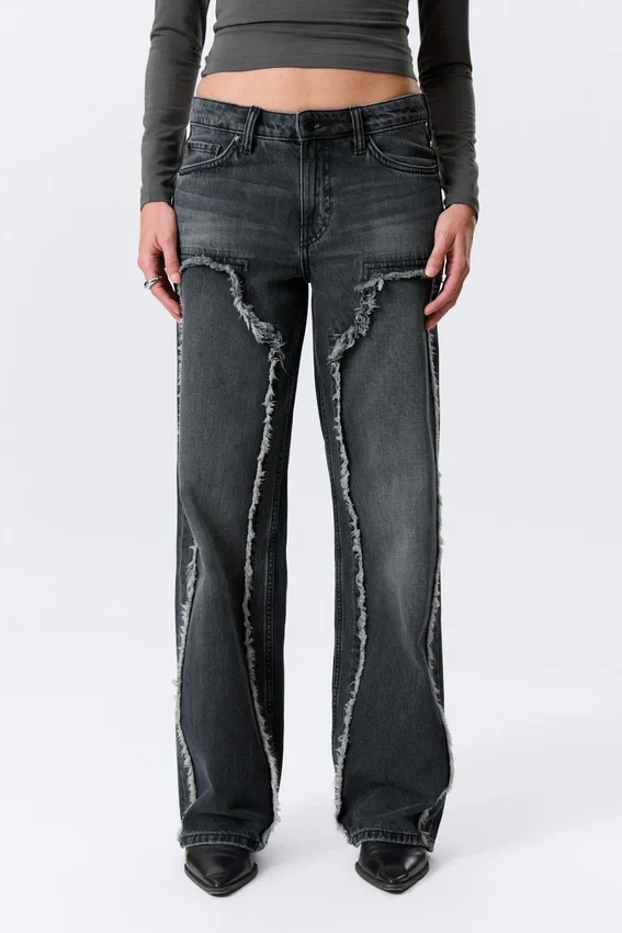 Vaqueros anchos, holgados, de talle bajo y con flecos – Azul Kimberly – Azul oscuro Vaqueros anchos, holgados, de talle bajo y con flecos – Azul Kimberly – Azul oscuro