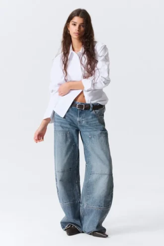 Vaqueros de corte holgado y talle bajo inspirados en la ropa de trabajo – Azul medio – Azul medio