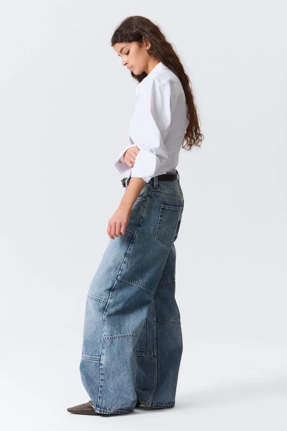 Vaqueros de corte holgado y talle bajo inspirados en la ropa de trabajo – Azul medio – Azul medio Vaqueros de corte holgado y talle bajo inspirados en la ropa de trabajo – Azul medio – Azul medio