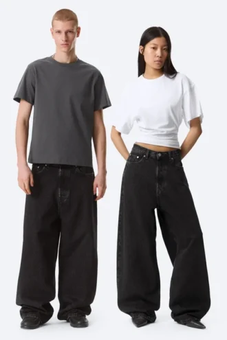 Vaqueros holgados de cintura media con bolsillos de imitación de cuero Astro – Lavado negro – Negro