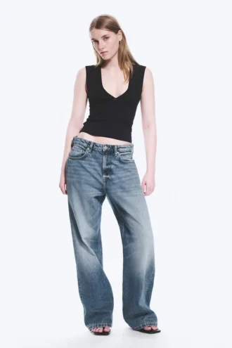 Vaqueros holgados de talle bajo y corte recto para mujer – Blue Horses – Azul medio