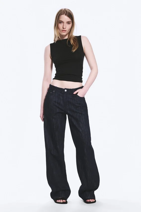 Vaqueros holgados de talle medio y pierna ancha – Lavado slub – Azul oscuro Vaqueros holgados de talle medio y pierna ancha – Lavado slub – Azul oscuro