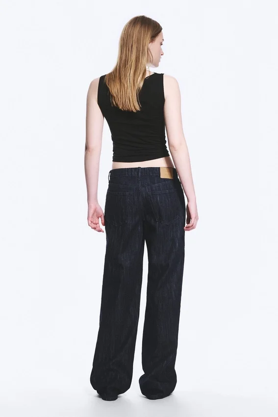 Vaqueros holgados de talle medio y pierna ancha – Lavado slub – Azul oscuro Vaqueros holgados de talle medio y pierna ancha – Lavado slub – Azul oscuro