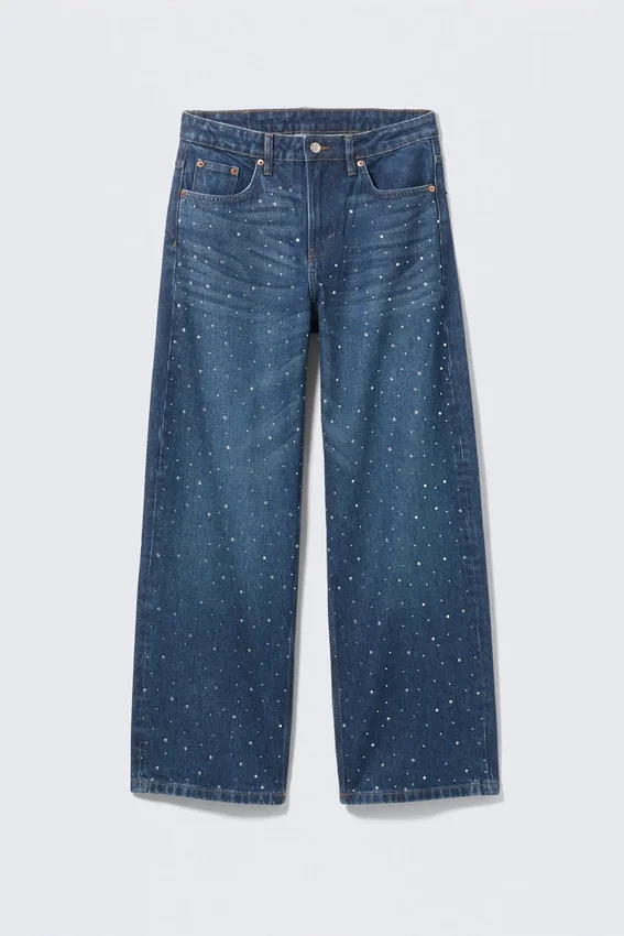 Vaqueros Missy de talle bajo y corte recto con adornos – Azul con adornos – Azul oscuro Vaqueros Missy de talle bajo y corte recto con adornos – Azul con adornos – Azul oscuro