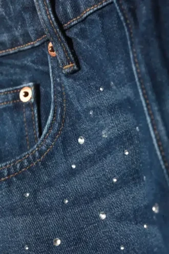 Vaqueros Missy de talle bajo y corte recto con adornos – Azul con adornos – Azul oscuro Vaqueros Missy de talle bajo y corte recto con adornos – Azul con adornos – Azul oscuro
