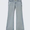 Vaqueros Nova de talle bajo, corte ajustado y acampanado – Azul ladrillo – Azul claro Vaqueros Nova de talle bajo, corte ajustado y acampanado – Azul ladrillo – Azul claro