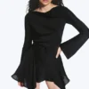 Vestido asimétrico de manga larga en satén – Negro Vestido asimétrico de manga larga en satén – Negro