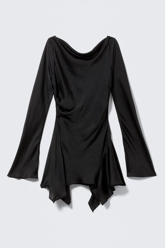 Vestido asimétrico de manga larga en satén – Negro Vestido asimétrico de manga larga en satén – Negro