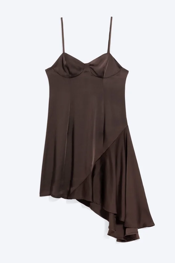 Vestido asimétrico de satén – Marrón oscuro Vestido asimétrico de satén – Marrón oscuro