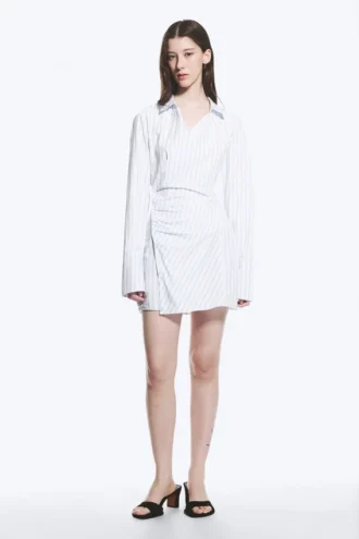 Vestido camisero asimétrico de manga larga – Rayas azules