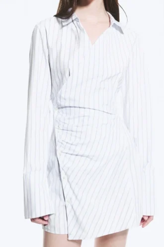 Vestido camisero asimétrico de manga larga – Rayas azules