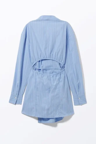 Vestido camisero cruzado de manga larga – Rayas finas azul claro