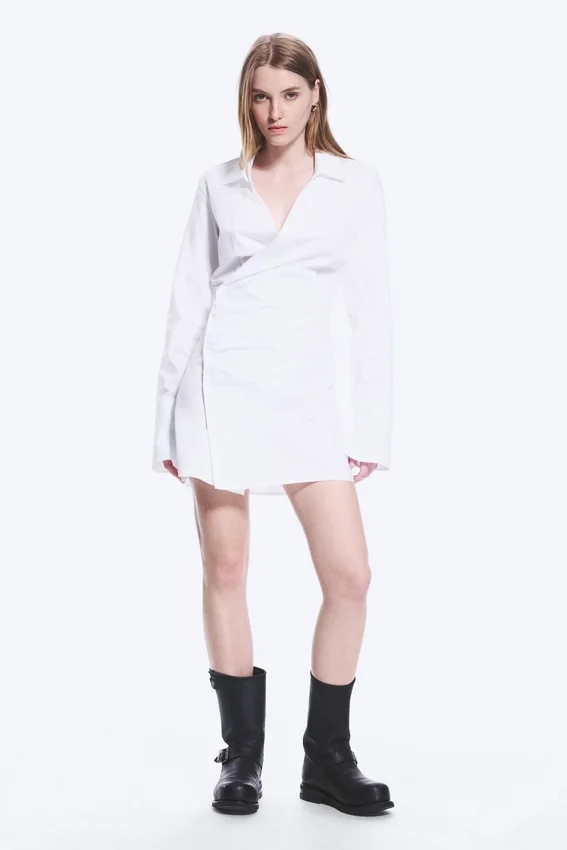 Vestido camisero mini asimétrico de manga larga – Blanco Vestido camisero mini asimétrico de manga larga – Blanco
